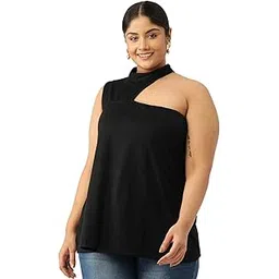 therebelinme Plus Size Women's 6104B_Black Solid Color Knitted One Shoulder Top-picture-26