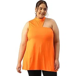 therebelinme Plus Size Women's 6104B_Orange Solid Color Knitted One Shoulder Top-picture-25