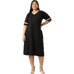 therebelinme Plus Size Women's 6146DC_Black Solid Color Cotton Patch Stripe Detail Dress-picture-36