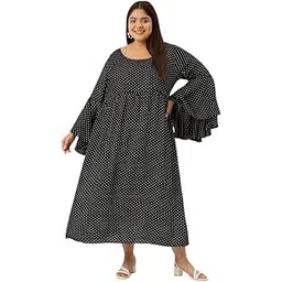 therebelinme Women Polka Dot Printed Bell Sleeve Fit and Flare Dress Plus Size CD6 Black-picture-21