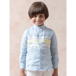 THETAA Boys Relaxed Fit Horizontal Striped Mandarin Collar Linen Casual Shirt-picture-30