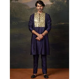THETAA Men Embellished Regular Pure Silk Kurta with Trousers-picture-5