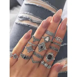 TheVineGirl Set Of 15 Silver-Plated Stone-Studded Adjustable Finger Ring-picture-24