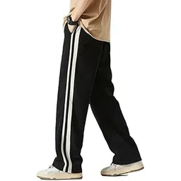 Men's Athletic Track Pants with Side Stripes and Loose fit || Regular Track Pant,Black with White Stripe|| Straight Leg || Casual Sports Trousers-image-1