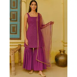 THIRD QUADRANT Women Cotton Blend Sequinned Kurta with Sharara & With Dupatta-image-36