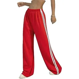 THIRD QUADRANT Women's Wide Leg Track Pants for Women | Black with White Side Stripes | Drawstring Waist (in, Alpha, L)-image-46