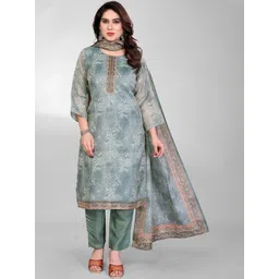 THL - THE HOUSE OF LINEN Floral Printed Thread Work Linen Kurta With Trousers & Dupatta-picture-35