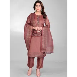 THL - THE HOUSE OF LINEN Women Ethnic Motifs Regular Thread Work Linen Kurta with Trousers & With Dupatta-picture-28
