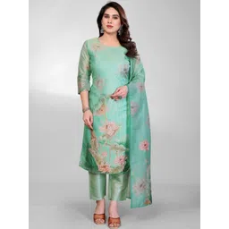 THL - THE HOUSE OF LINEN Women Floral Printed Regular Silk Crepe Kurta with Trousers & With Dupatta-picture-23