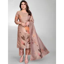 THL - THE HOUSE OF LINEN Women Floral Printed Regular Silk Crepe Kurta with Trousers & With Dupatta-picture-26