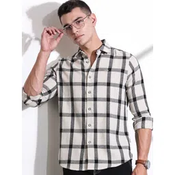 Thomas Scott Men Classic Slim Fit Spread Collar Windowpane Checked Cotton Casual Shirt-picture-15