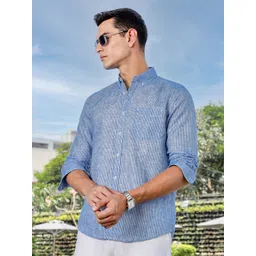 Thomas Scott Men Premium Regular Fit Vertical Striped Linen Casual Shirt-picture-39