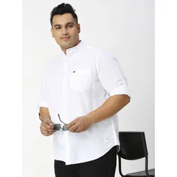 Thomas Scott Plus Size Premium Mandarin Collar Roll-Up Sleeves Cotton Linen Casual Shirt-picture-12