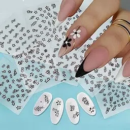 THR3E STROKES 30 Sheets 3D Self-Adhesive Nail Art Stickers Line Star Decals for Acrylic Nails Gold Leaf Diamond Supplies for Women (Black)-picture-51