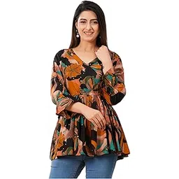 threadflix Women Multicolor Floral Print V-Neck Top 3/4 Sleeves Casual Shirt for Spring & Summer, Trendy & Comfortable Everyday Wear-picture-54
