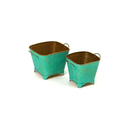 THREADVIBE LIVING 2Pcs Green Polka Dotted Square Basket Planters image 4
