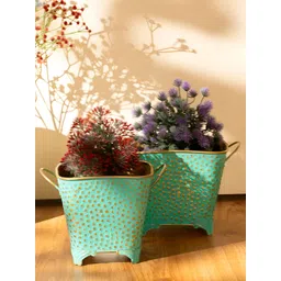THREADVIBE LIVING 2Pcs Green Polka Dotted Square Basket Planters image 1
