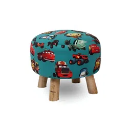 THREADVIBE LIVING Blue & Red Car On The Road Printed Wooden & Velvet Round Ottoman-picture-10