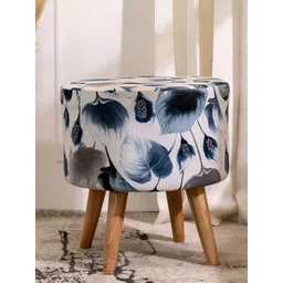 THREADVIBE LIVING Blue & White Printed Wooden & Velvet Round Ottoman-picture-23