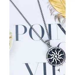 Thrillz Men Stainless Steel Oxidised Silver-Plated Circular Shaped Pendant With Chain-picture-18