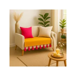 THROW PILLOW Ochre Sofa Cover With Magenta Tassels For 1 Seater 65X65 Cm-picture-10