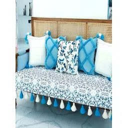 THROWPILLOW Blue & White Printed Anti Slip Tassels Sofa Cover-picture-37