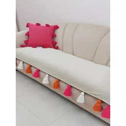 THROWPILLOW Off White & Pink Anti Slip Tassels 4 Seater Sofa Cover-picture-28