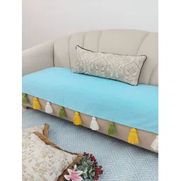 THROWPILLOW Turquoise Blue & Yellow Anti Slip Tassels 4 Seater Sofa Cover-picture-12