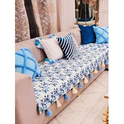 THROWPILLOW White & Blue Printed Anti Slip Tassels Sofa Cover-image-33