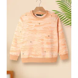 Tiara Brushed Looper Knit Full Sleeves Abstract Printed Crystals Embellished Sweatshirt - Peach-picture-18