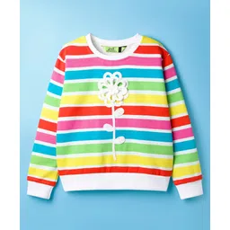 Tiara Fleece Knit Full Sleeves Rainbow Striped Floral Applique Detailed Light Winter Sweatshirt - Multi Colour-picture-24