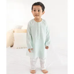 Tiber Taber 100% Cotton Woven Full Sleeves Striped Kurta & Pyjama Set - Green-image-12