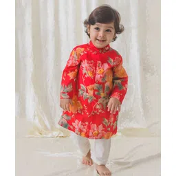 Tiber Taber Cotton Full Sleeves Floral Printed Kurta Pyjama Set - Red-picture-27