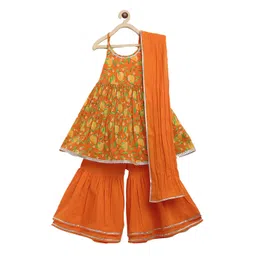 Tiber Taber Girls Orange Floral Printed Pleated Pure Cotton Kurti with Sharara & With Dupatta-picture-18