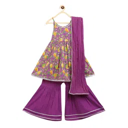 Tiber Taber Girls Purple Floral Printed Empire Pure Cotton Kurti with Sharara & With Dupatta-picture-15