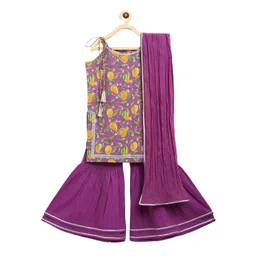 Tiber Taber Girls Purple Floral Printed Pure Cotton Kurta with Sharara & With Dupatta-picture-17