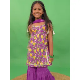 Tiber Taber Girls Purple Floral Printed Pure Cotton Kurti with Sharara & With Dupatta-picture-19