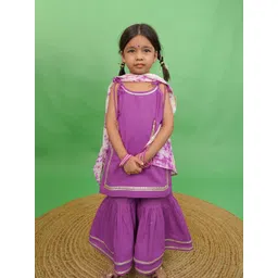 Tiber Taber Girls Purple Floral Yoke Design Pure Cotton Kurti with Sharara & With Dupatta-picture-32