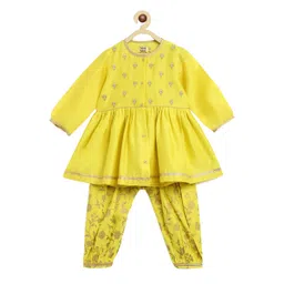 Tiber Taber Girls Yellow Floral Embroidered Chanderi Silk Kurta with Salwar-picture-31