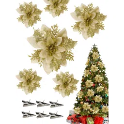 TIED RIBBONS 6-Pcs Beige Christmas Decoration Artificial Poinsettia Flower With Clip Stick-picture-37
