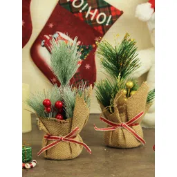 TIED RIBBONS Set Of 2 Green & Brown Table Trees With Ornaments-picture-40