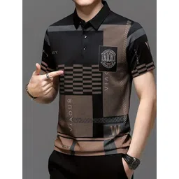 tigersnake Men Geometric Print Polo Neck Pure Cotton Black T-Shirt image 4