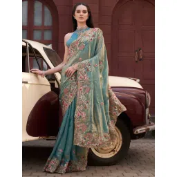 Tikhi Imli Blue Embroidered Saree with Unstitched Blouse-picture-31