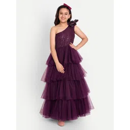 TILISM Girls Sequin Embellished One Shoulder Net Maxi Tiered Dress-picture-22