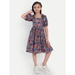 TILISM Girls Square Neck Puff Sleeve Cotton Fit & Flare Dress-picture-57