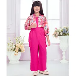 TINY BABY Linen Woven Solid Jumpsuit With Three Fourth Sleeves Floral Printed Jacket & Belt - Pink-picture-27