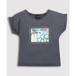 Tiny Girl Cotton Half Rollup Sleeves Foil Sticker Detailed Top - Grey-picture-11