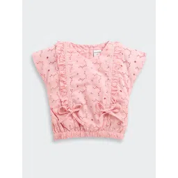 Tiny Girl Floral Embroidered Extended Sleeves Cotton Cinched Waist Top With Ruffles-picture-45