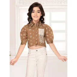 Tiny Kingdom Girls Floral Embroidered Puff Sleeves Applique Cotton Shirt Style Crop Top-picture-30