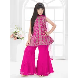 Tiny Kingdom Girls Floral Embroidered Straight Kurta & Sharara With Dupatta-picture-33